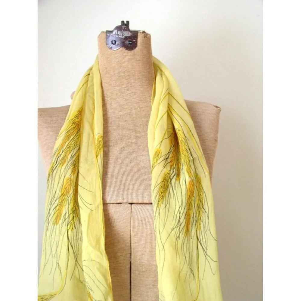 Vintage 1960's Vera Silk Chiffon Scarf Fields of Gold Yellow Signed Hand Rolled